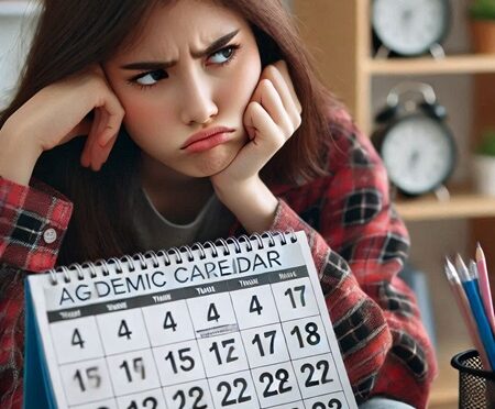 An upset student sitting and a calendar in front of her