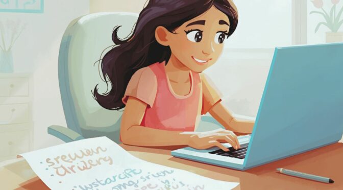 ילדה מול מחשב מקלידה ולידה דף עם כתב יד