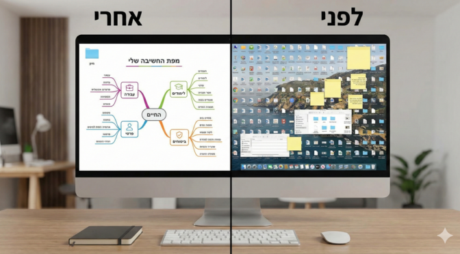 שולחן עבודה על המחשב שחצוי לשניים: חצי מאורגן וחצי מבולגן